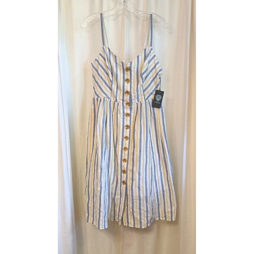 NWT Vince Camuto Women 8 Sun Dress Yellow White Blue Stripe Button Front Coastal